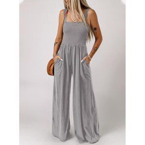 Women's Gray Casual One Piece Sleeveless Wide Leg Long Pant Rompers With Pockets